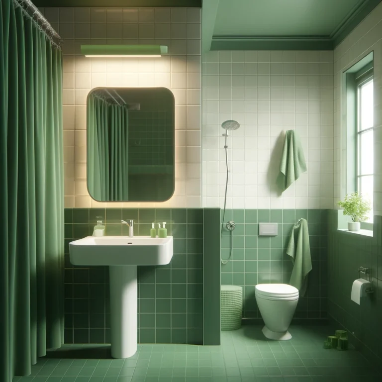Baño moderno en tonos verdes con accesorios blancos.