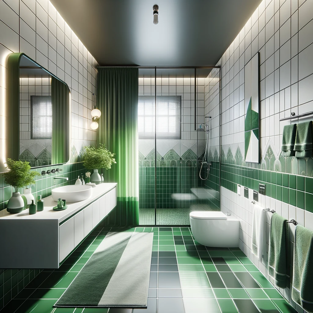 Baño moderno verde con azulejos blancos y espejo.
