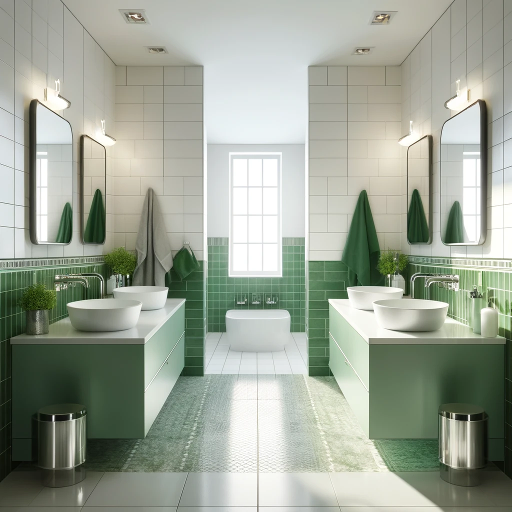 Baño moderno luminoso con azulejos verdes.