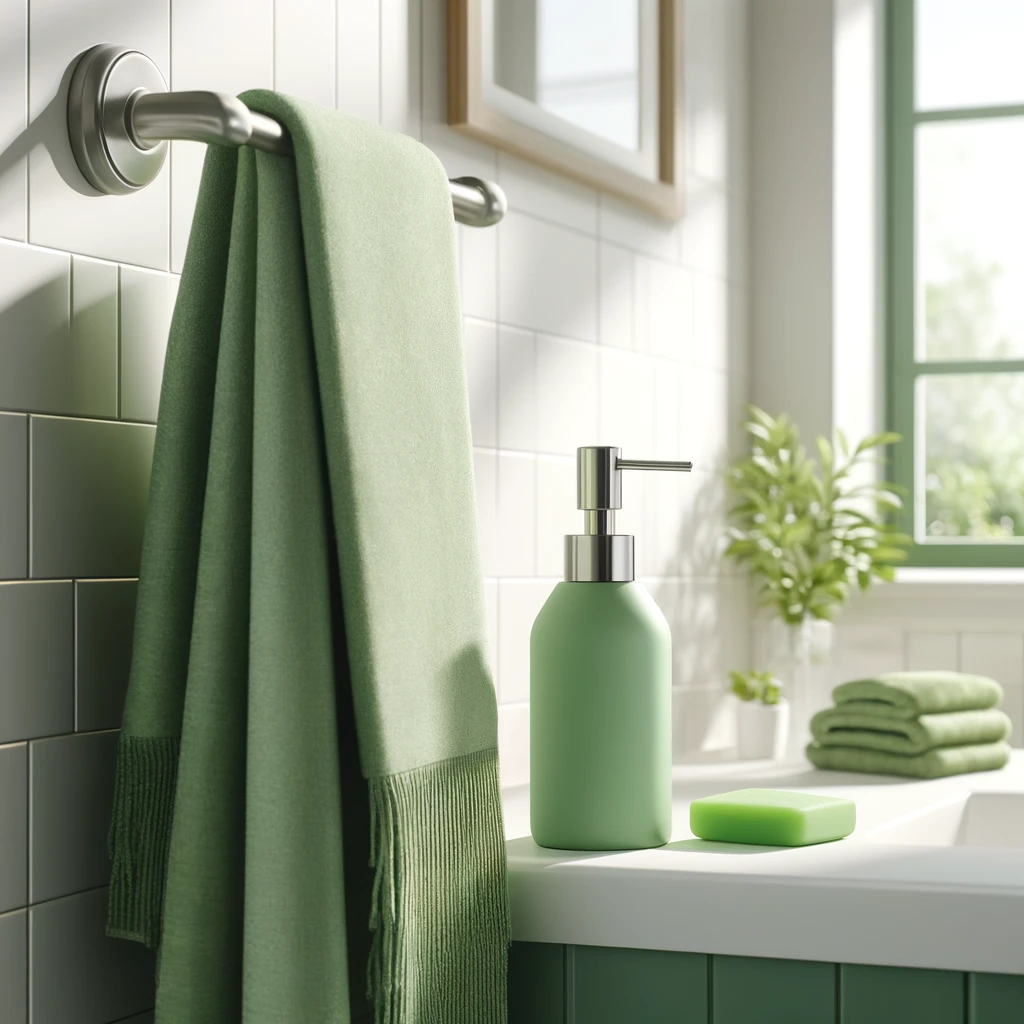 Baño luminoso con toallas y accesorios verdes.