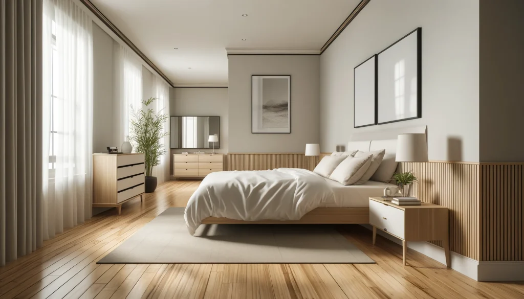 Dormitorio moderno con decoración elegante y minimalista.