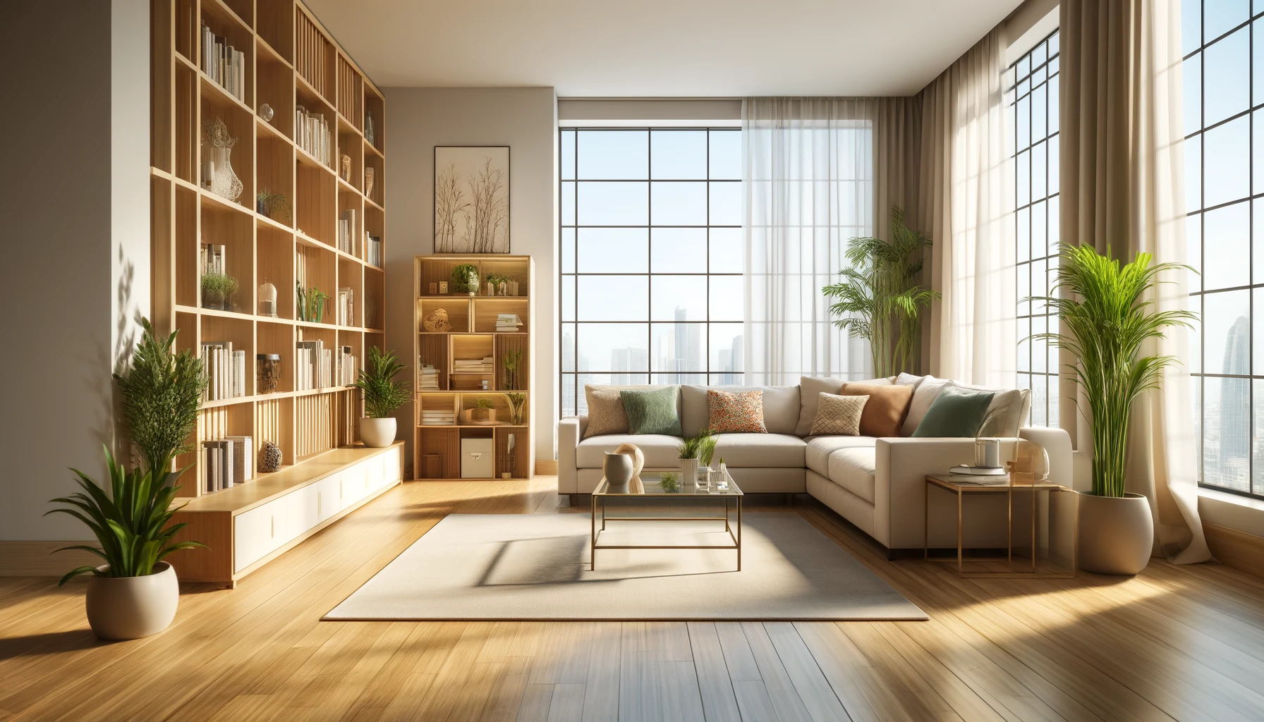 Salón moderno, estanterías, sofá grande, ventanas amplias.