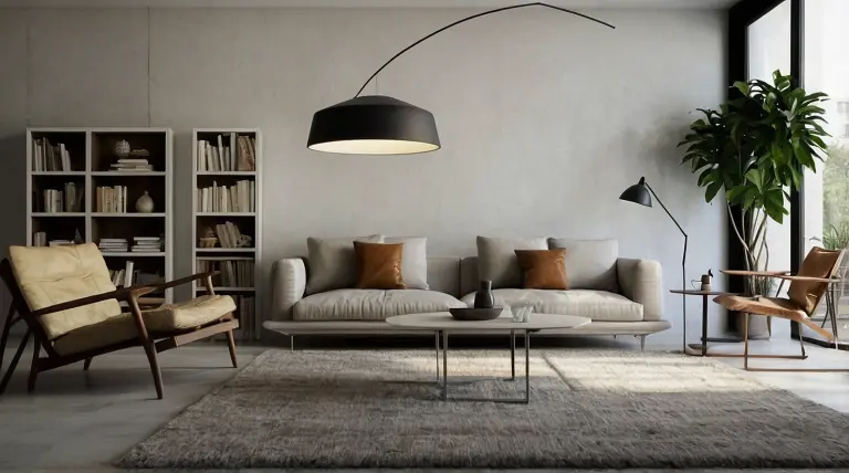 Salón moderno con sofás, estantería y lámpara elegante.