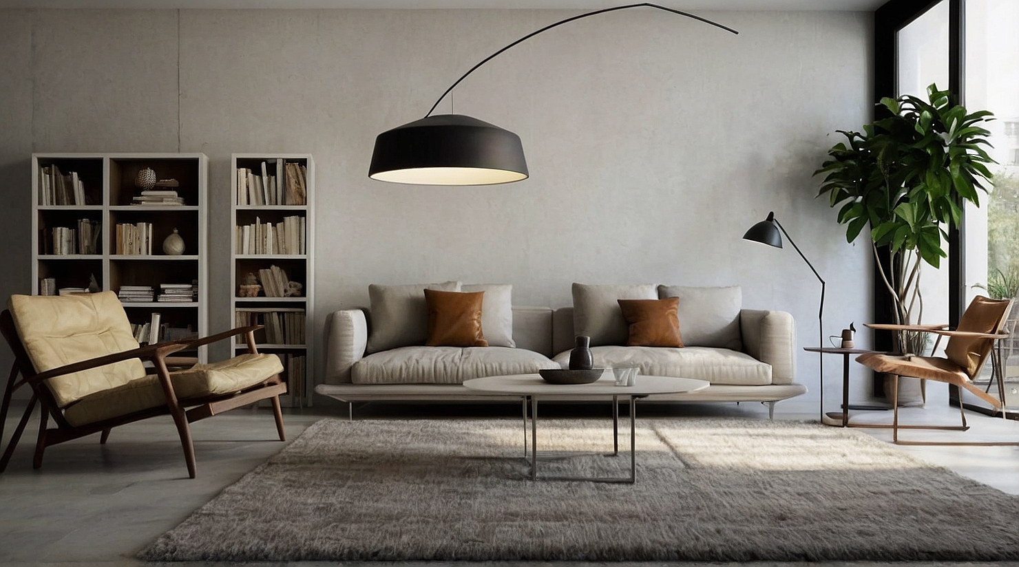 Salón moderno con sofás, estantería y lámpara elegante.